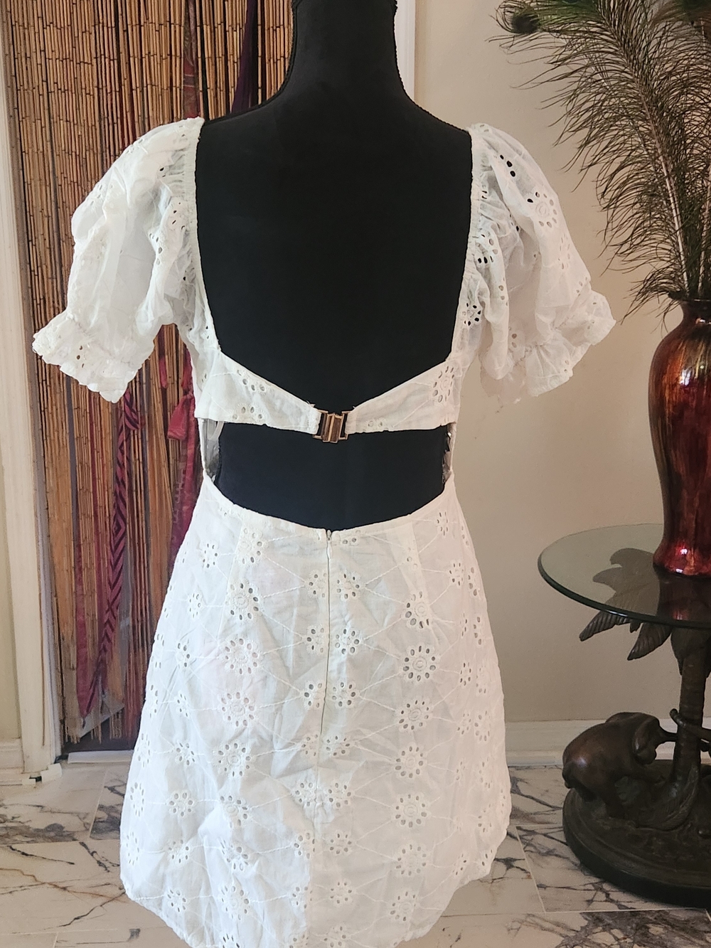 White Eyelet Puff-Sleeve Mini Dress - Picture 6 of 7